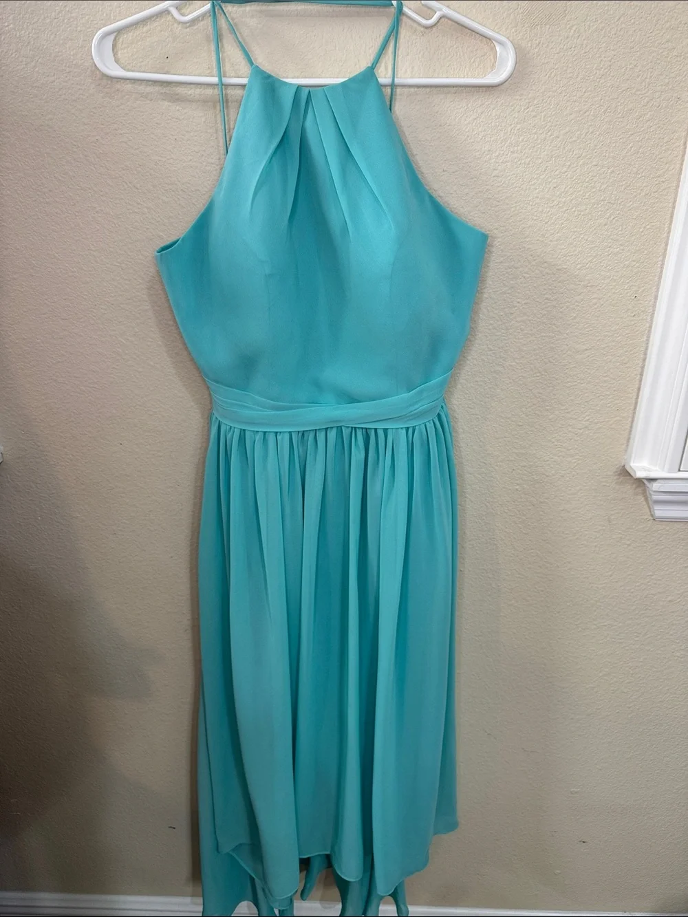 JJs House Turquoise High-Low Halter Chiffon Dress